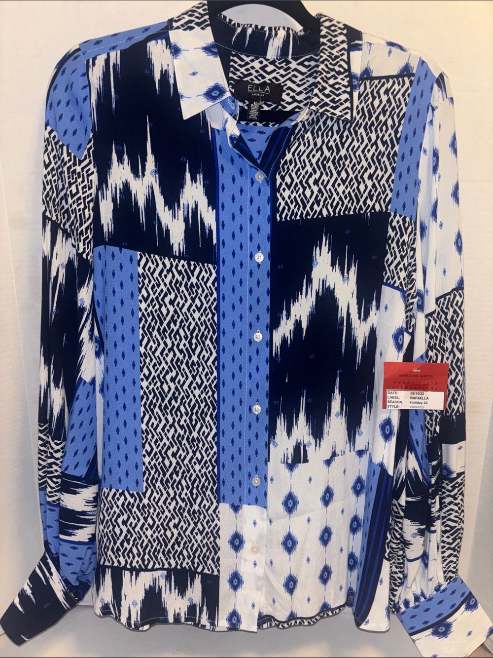 ELLA BY RAFAELLA…SHADES OF BLUE ABSTRACT LONG SLEEVE BUTTON DOWN TOP NWTS